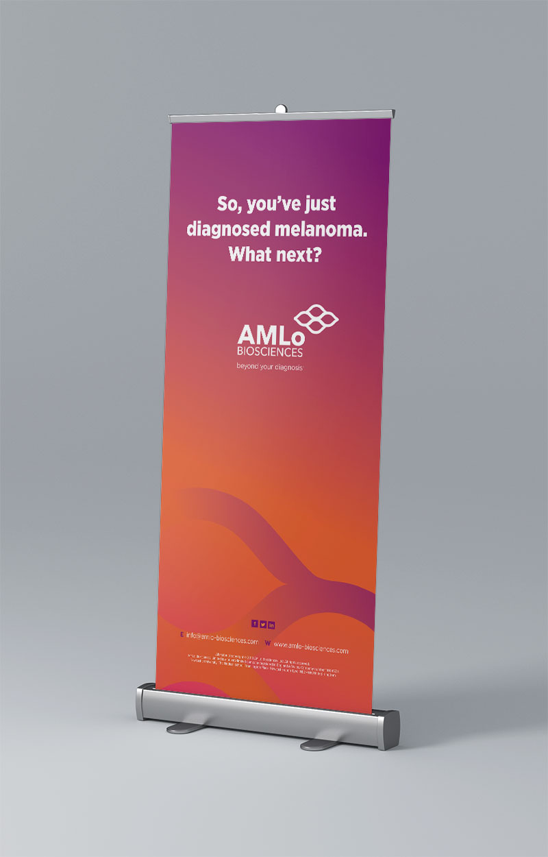 AMLo pull-up roller banner featuring the wording "So, you've just diagnosed melanoma. What next?" in simple, bold type above the AMLo logo..