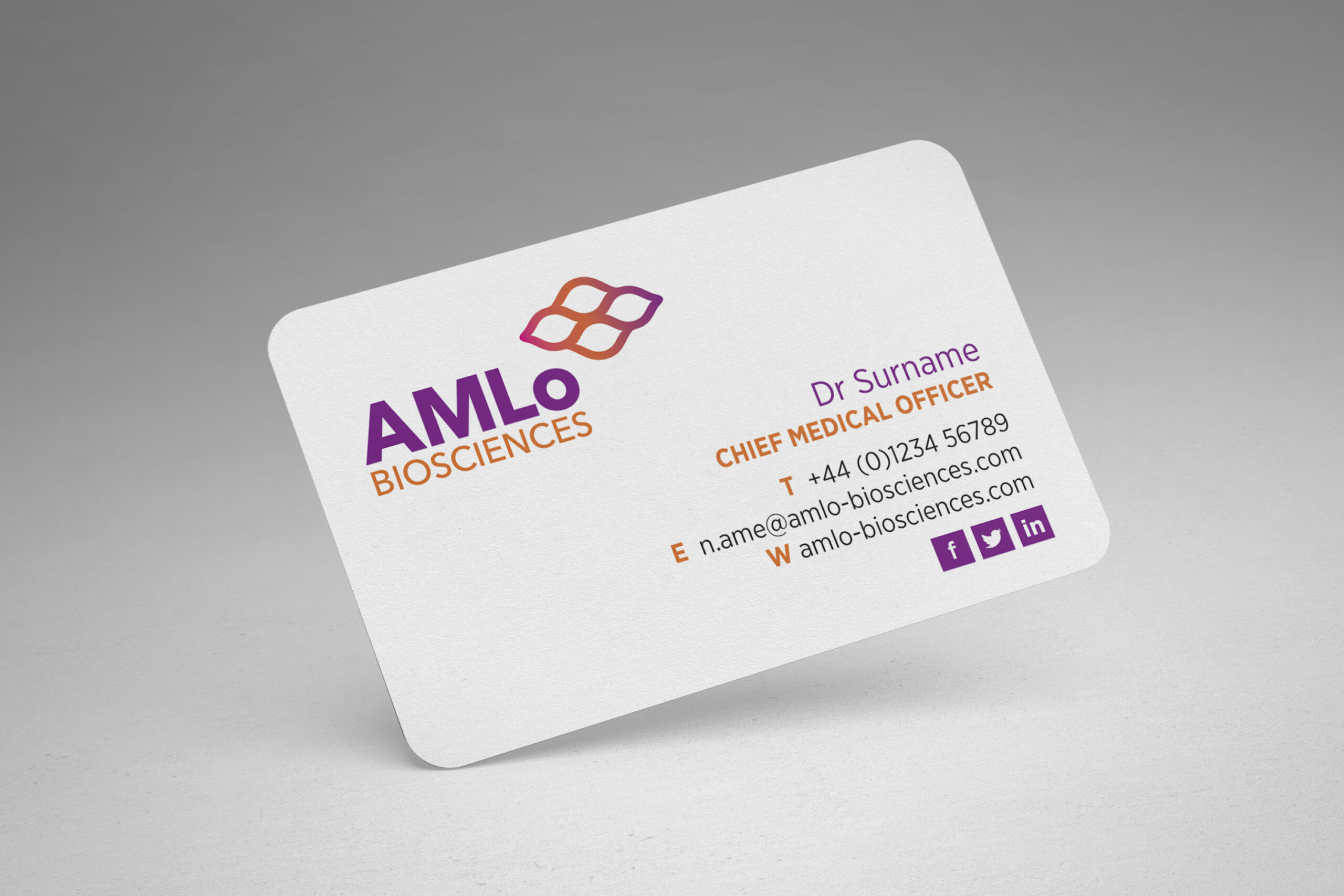 AMLo rounded business card mockup Text face of AMLo Biosciences business card with dummy details
