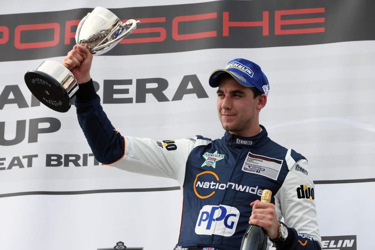 Dan Cammish, Porsche Carrera Cup GB BRDC SuperStar and Porsche Carrera Cup GB Champion, Dan Cammish, atop the podium